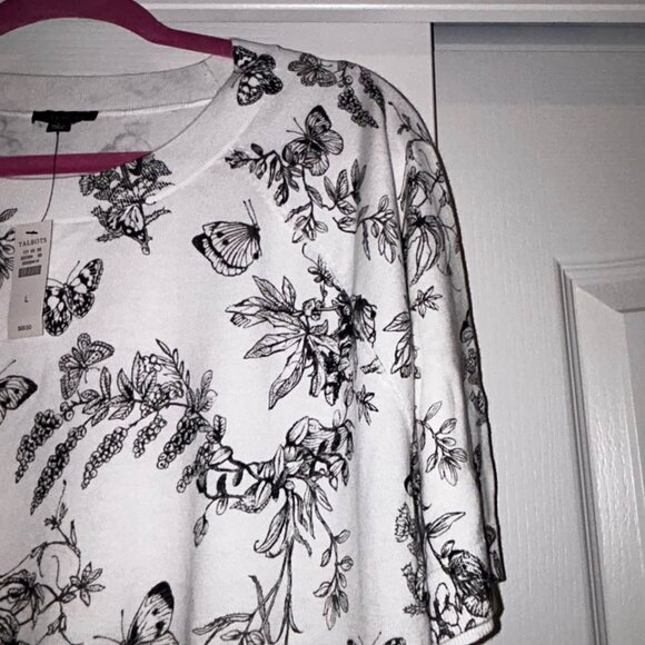 NWT TALBOTS BLACK WHITE ELBOW SLEEVE PULLOVER - BUTTERFLY TOILE WOMAN'S L LARGE - Picture 4 of 8